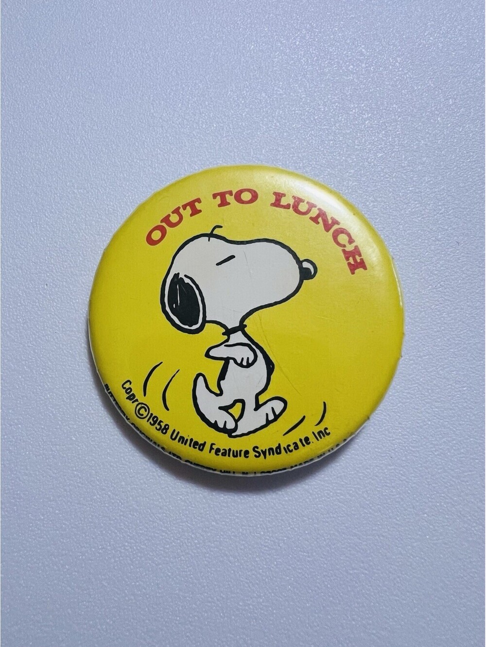 SNOOPY OUT TO LUNCH PINBACK BUTTON by BUTTERFLY ORIGINALS 1970s PEANUTS VINTAGE